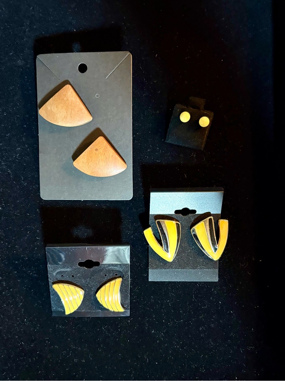 Yellow Geometric Stud Earrings - Bright chevron and wooden triangles